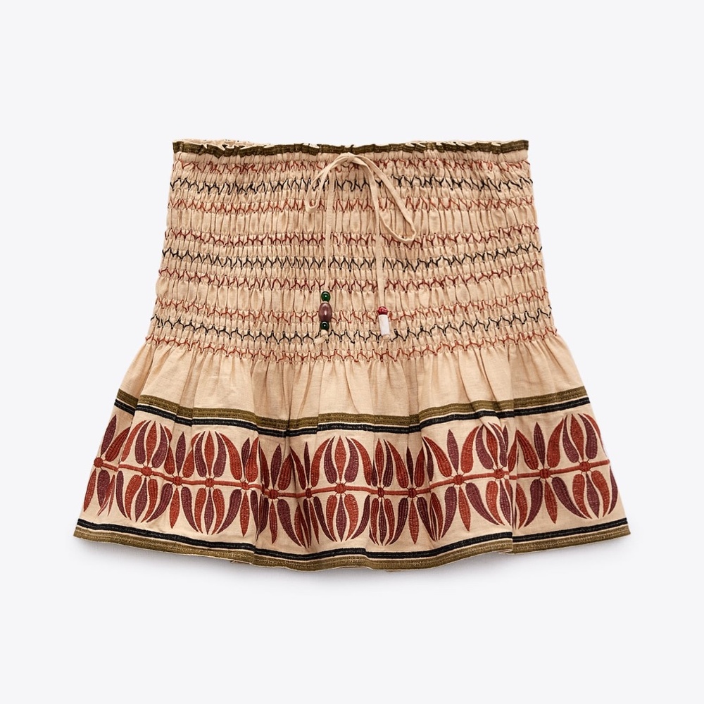 Zara boho brown cream floral smocked linen blend mini skirt NWT